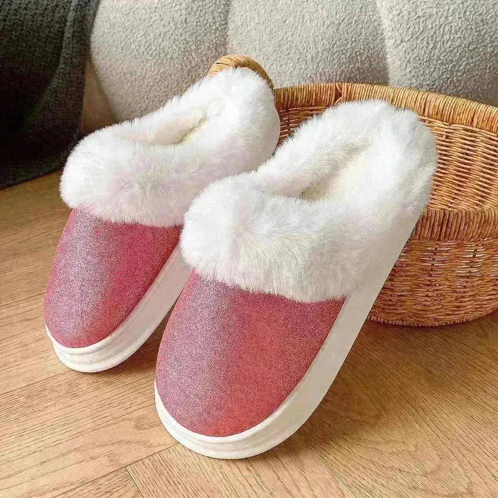 Fashion Frosted Sequined Plush Slippers Winter Warm Home Indoor Non-slip Bedroom Floor Fuzzy Slipper For Couple Women House Shoes - EX-STOCK CANADA