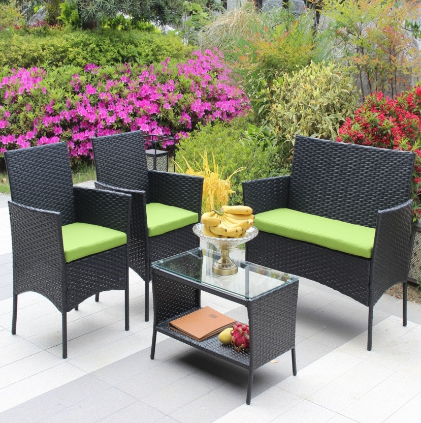 Ensemble de mobilier de patio en rotin 4 pièces avec canapé en osier et coussins vertsEX-STOCK Canada 