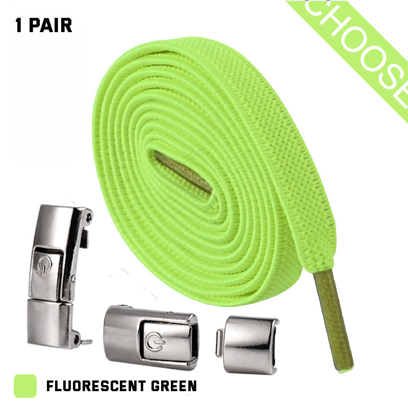 Fluorescent green shoelace set with metal lace locks on a white background