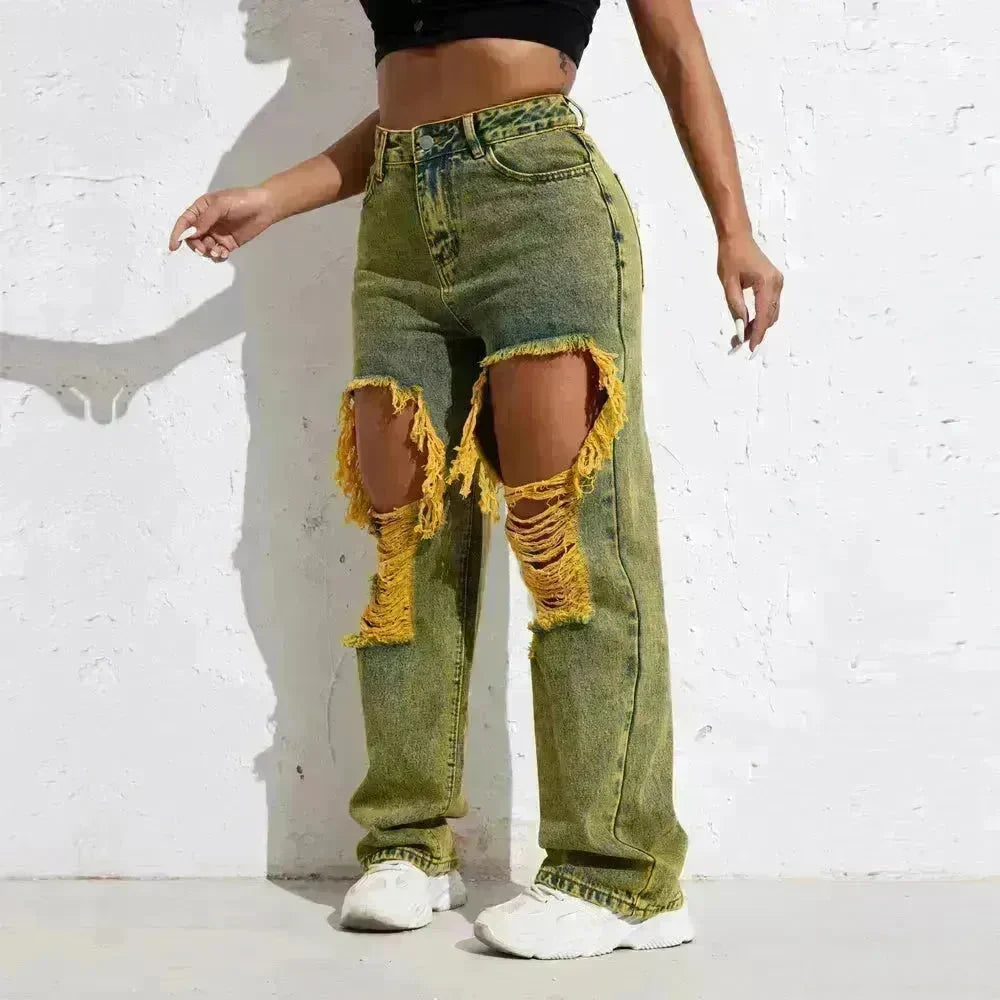 Shascullfites Melody Yellow Wash Streetwear Split Loose Straight Ripped Baggy Jeans Y2K Retro Women Denim Pants - EX-STOCK CANADA
