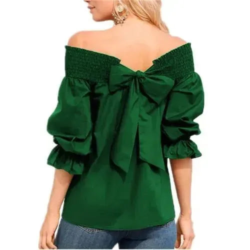 Spring Summer Women Off Shoulder Strapless Blouse top Bowknot Slash Neck Casual Loose Plus Size top - EX-STOCK CANADA