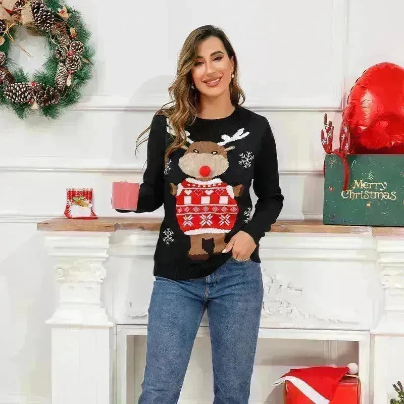 Funny Deer Christmas Sweater Round Neck Pullover Women - EX-STOCK CANADA