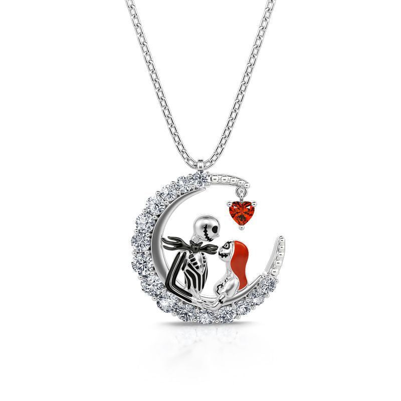 Halloween Moon-shaped Skull Necklace With Rhinestones Couple Love Clavicle Necklace Men And Women Jewelry Accessories EX-STOCK