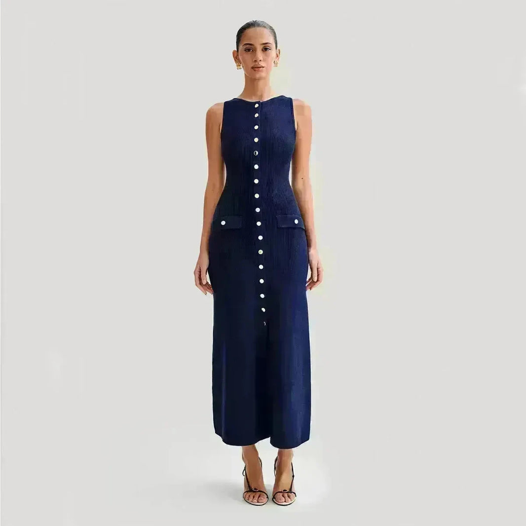 Elegant Knitted Sleeveless Dress With Single Breast Fashion Slim Round Neck Long Dresses Womens Clothing - EX-STOCK CANADA