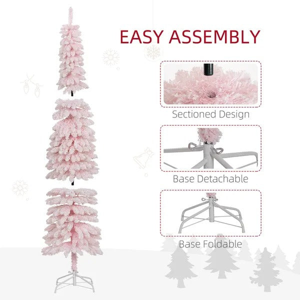 7ft Snow-Flocked Artificial Christmas Tree, Slim Pencil Xmas Tree With 490 Realistic Branches, Metal Base EX-STOCK Canada 