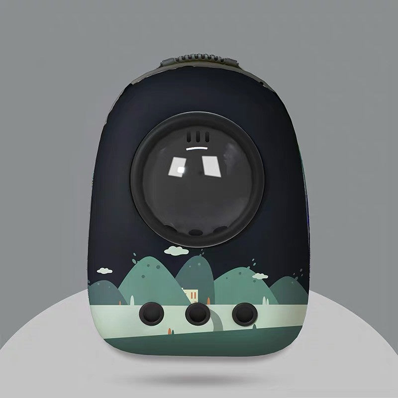 Black pet carrier with mountain design on a gray background