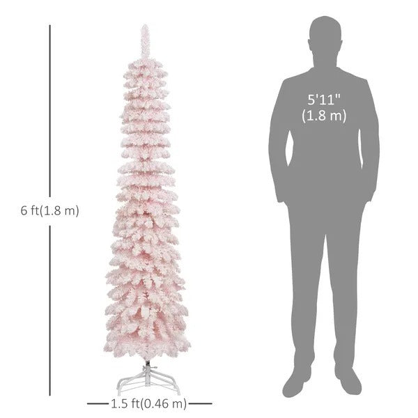 6ft Snow-Flocked Artificial Christmas Tree, Slim Pencil Xmas Tree With 395 Realistic Branches, Metal Base EX-STOCK Canada 
