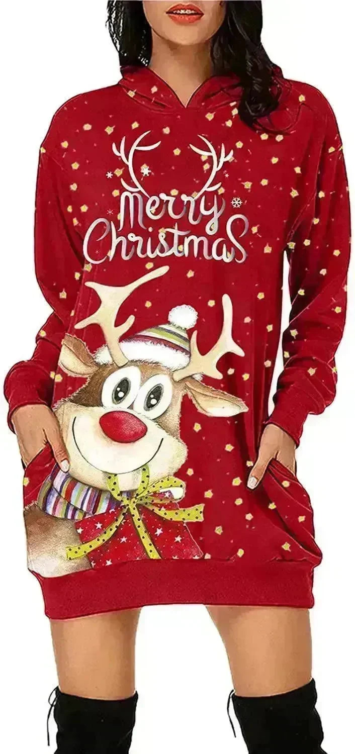 Women's Long-sleeved Christmas Hoodie Sweatshirt Dress Winter - EX-STOCK CANADA