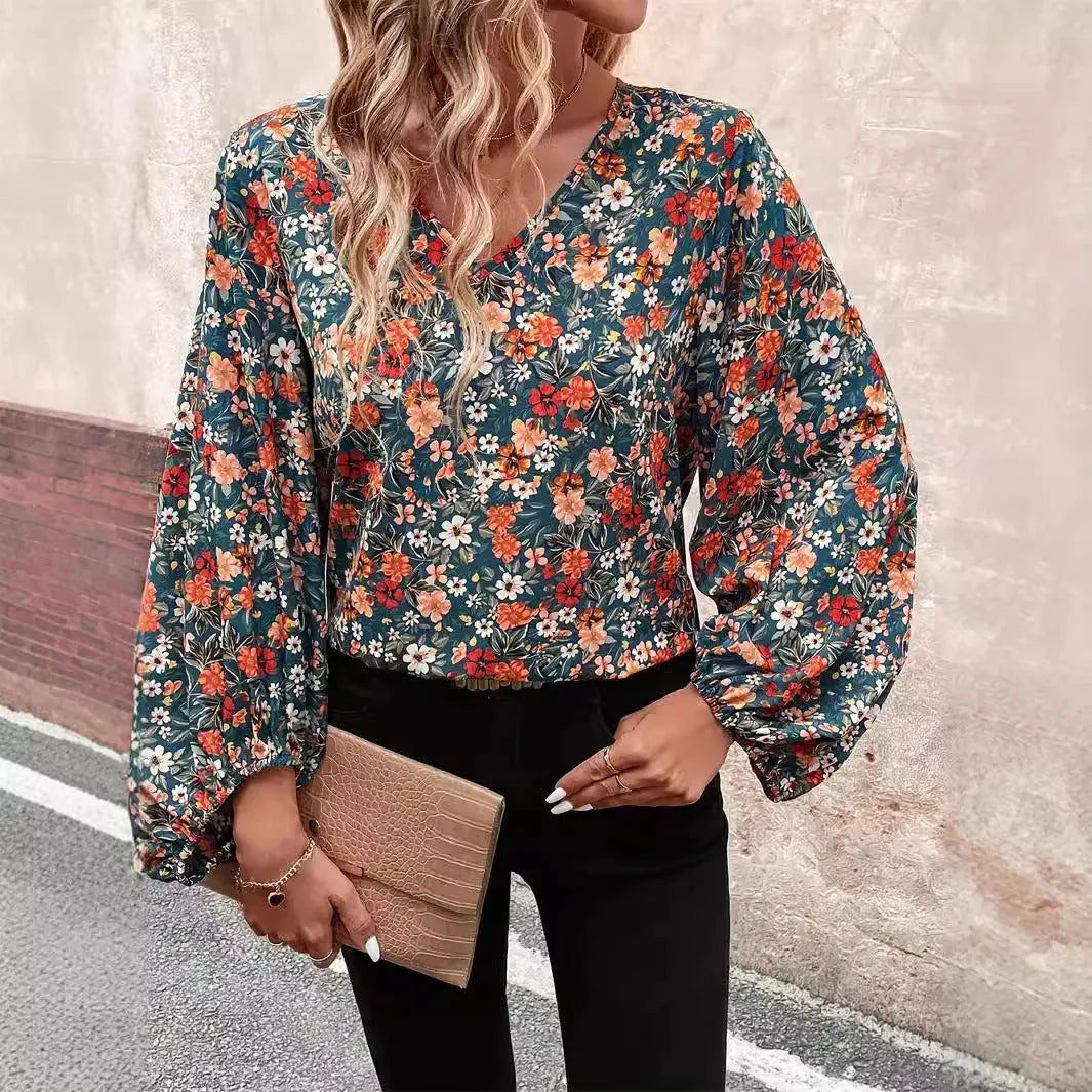 Women's V-neck Lantern Long Sleeve Shirt Autumn casual blouse top