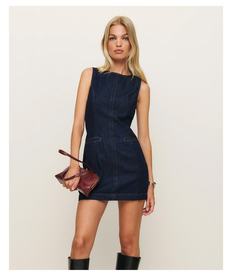 French Fashion Round Neck Slim Fit Denim Sleeveless Dress 