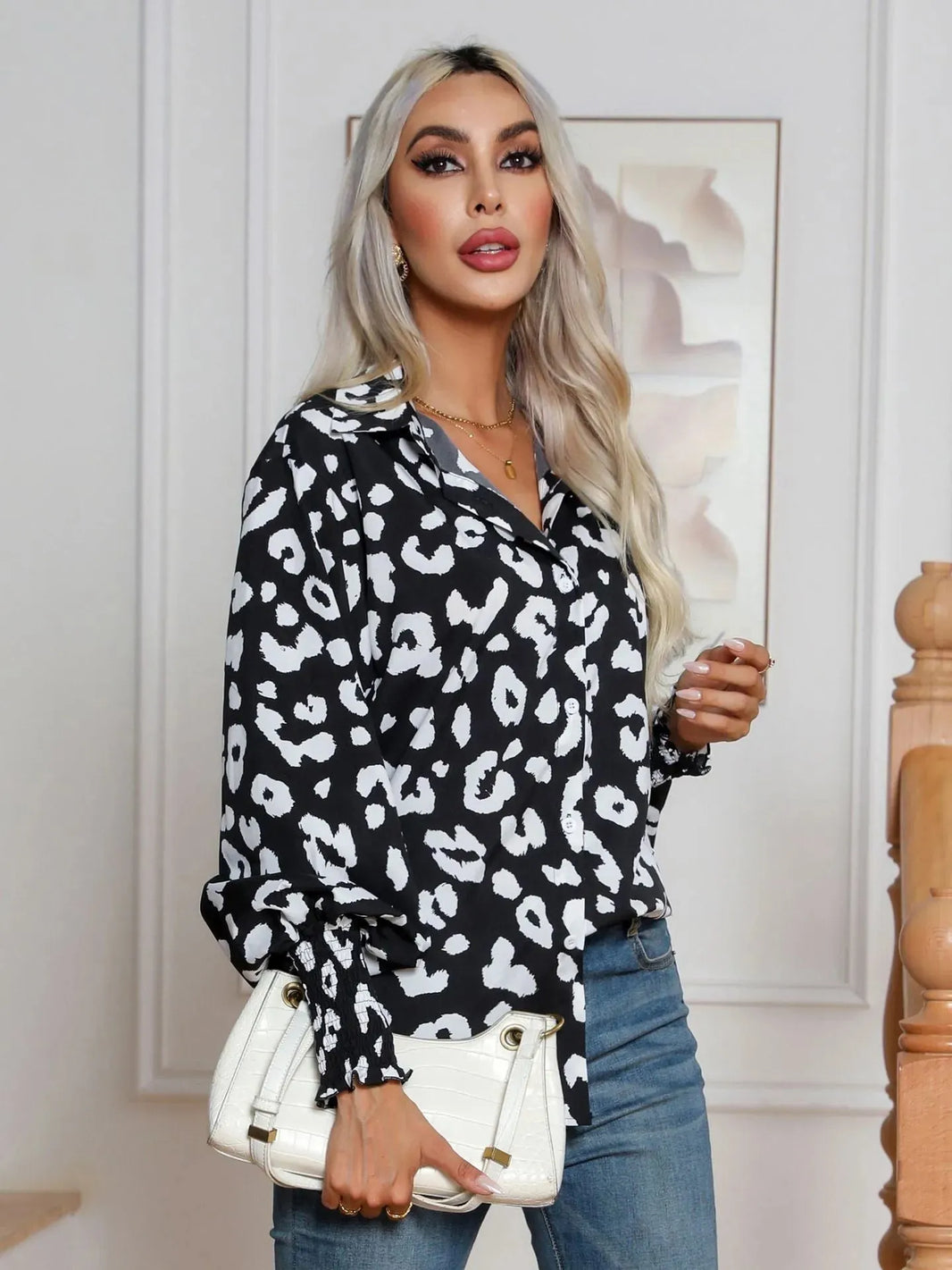 Leopard Print Lantern Sleeve Blouse Shirt top for Women