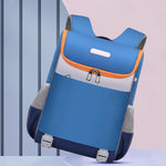 Blue and orange backpack on a light blue background