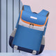 Blue and orange backpack on a light blue background