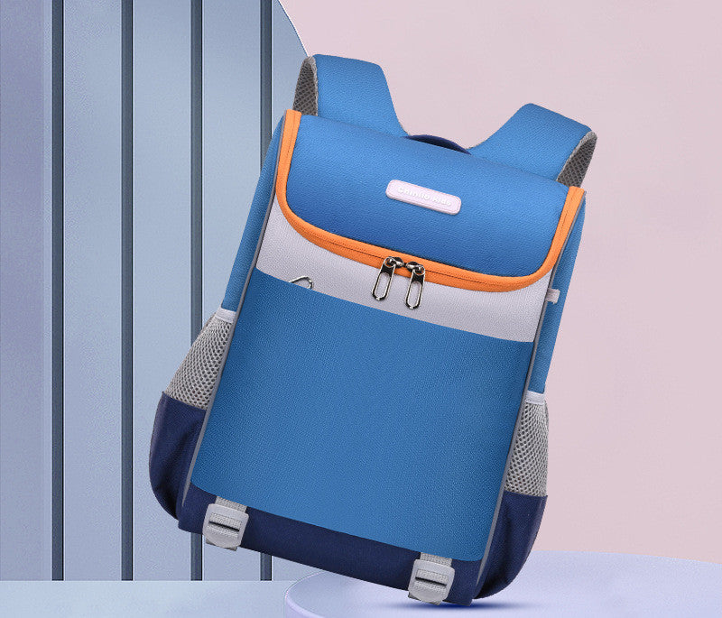 Blue and orange backpack on a light blue background