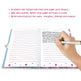 An open notebook with lined pink pages and a hand holding a pastel-colored pen, shown on a white background with descriptive text at the top.