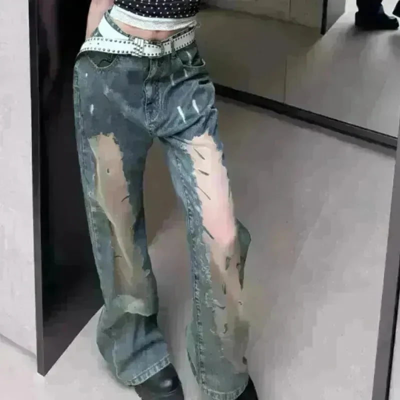 Retro Washed Ripped Baggy Jeans Pant For Women Summer Hollow Out - EX-STOCK CANADA