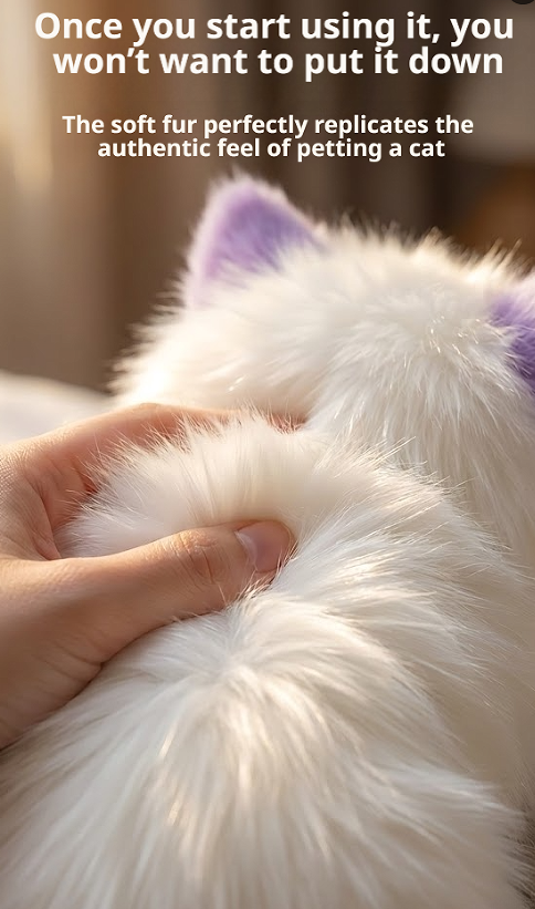 A close-up of a white faux fur pet toy being held and petted by a human hand, with purple inner ears visible. Text at the top reads, 'Once you start using it, you won't want to put it down.