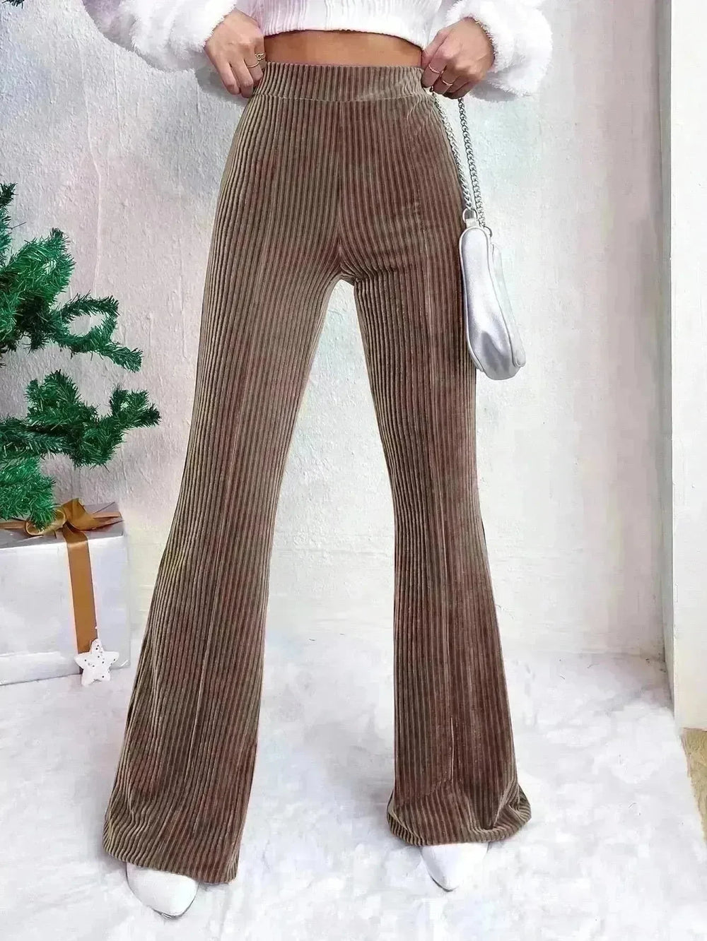 High Waist Lamp Wick Corduroy Bell-bottom Pants Wide Leg Women - EX-STOCK CANADA