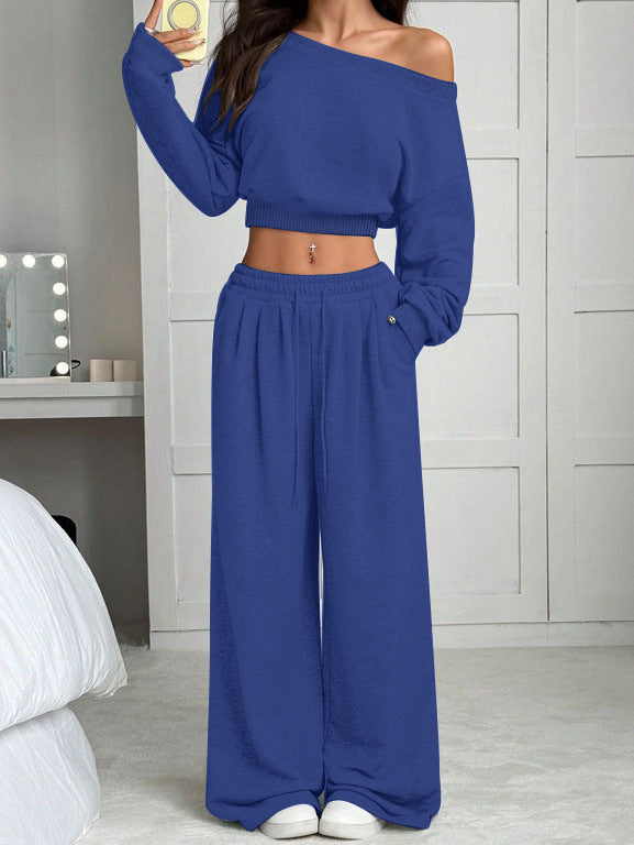 Women's Multi-Colour 2-Piece Off-Shoulder Loungewear Set, Cropped Long-Sleeve Top and Wide-Leg Pants, S–2XL