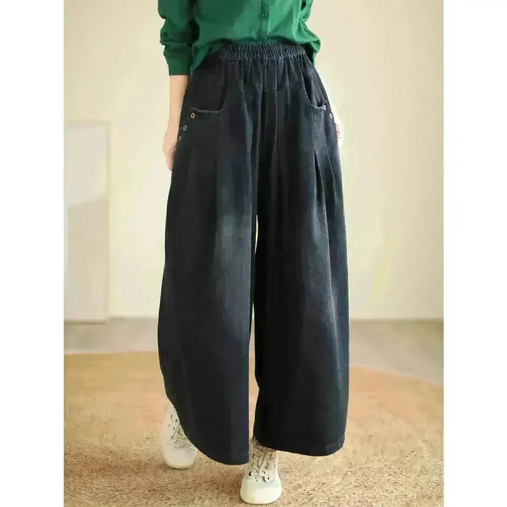 Wide-leg Baggy Jeans Pant Elastic Waist Washed Wear-white Loose Slimming And All-matching Trousers For Women - EX-STOCK CANADA