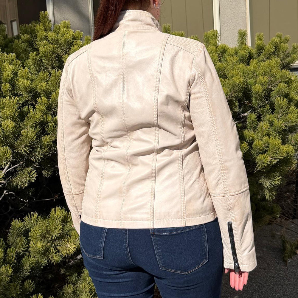 Women's Classic Lamb Leather Jacket. Round Collar with Studs, 4 Zippered Pockets & Shoulder Accent Stitching 