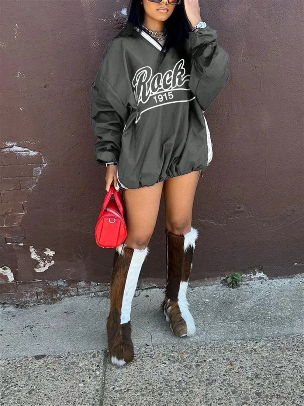 Women's Letter Print Color Block Loose Sweatshirt EX-STOCK Canada 