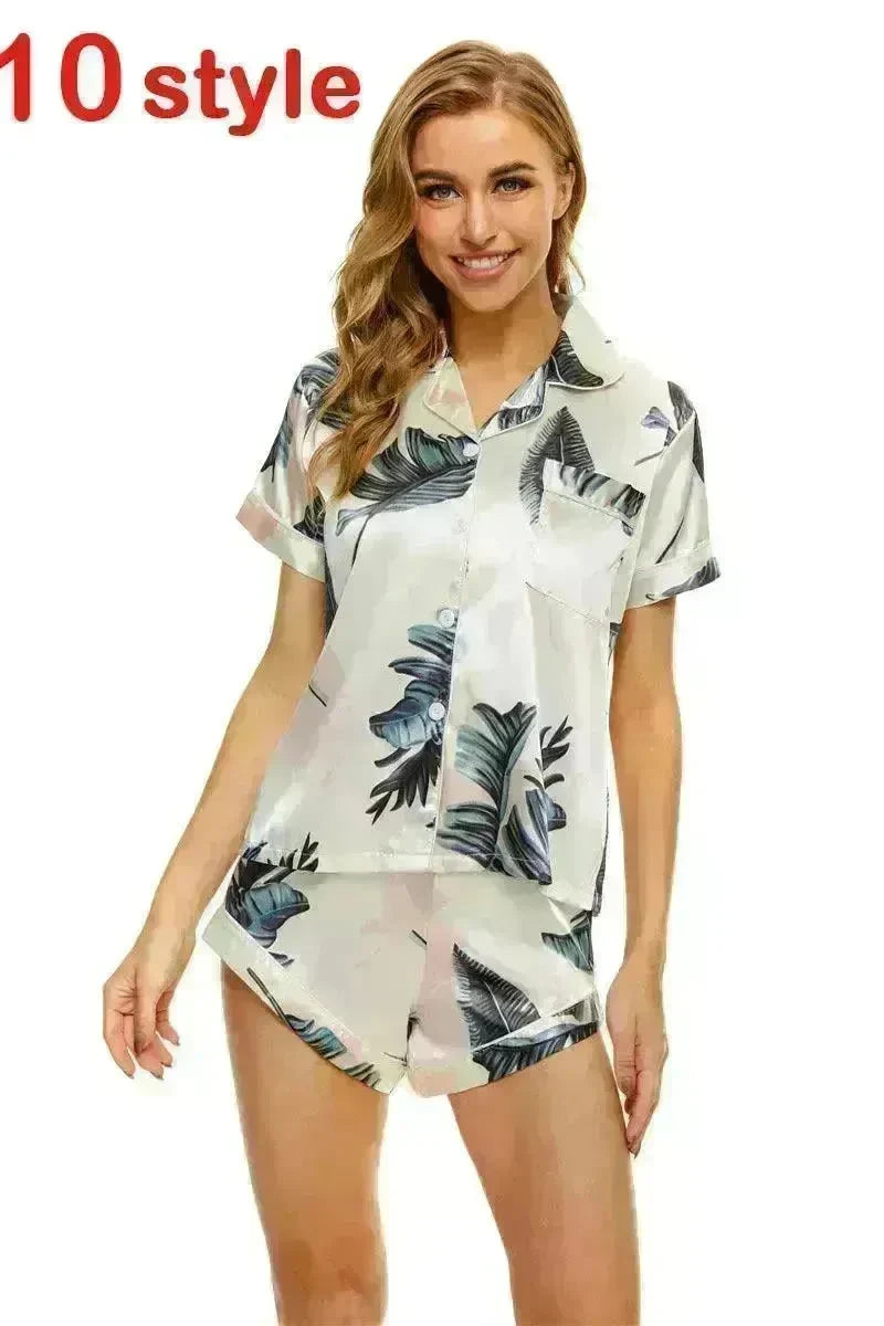 2024 Summer Satin Women Pajamas Print V-Neck Stretch Lingerie Sleepwear Casual Shorts Set Loungewear - EX-STOCK CANADA