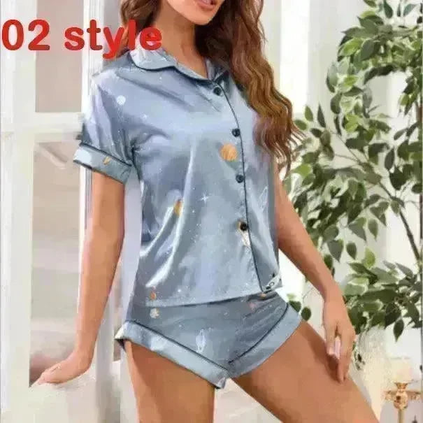 2024 Summer Satin Women Pajamas Print V-Neck Stretch Lingerie Sleepwear Casual Shorts Set Loungewear - EX-STOCK CANADA