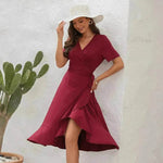 2025 Summer Solid Color Long Short Sleeve V-neck High Waist Tied Midi Dress - EX-STOCK Canada