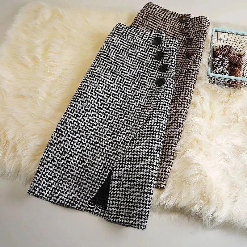 Elegant Women's  professional formal business office work Slit Houndstooth pencil Midi Skirt - EX-STOCK CANADA