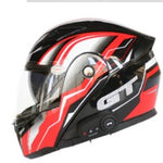 Black and red motorcycle helmet with 'GT' branding on a white background