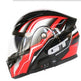 Black and red motorcycle helmet with 'GT' branding on a white background