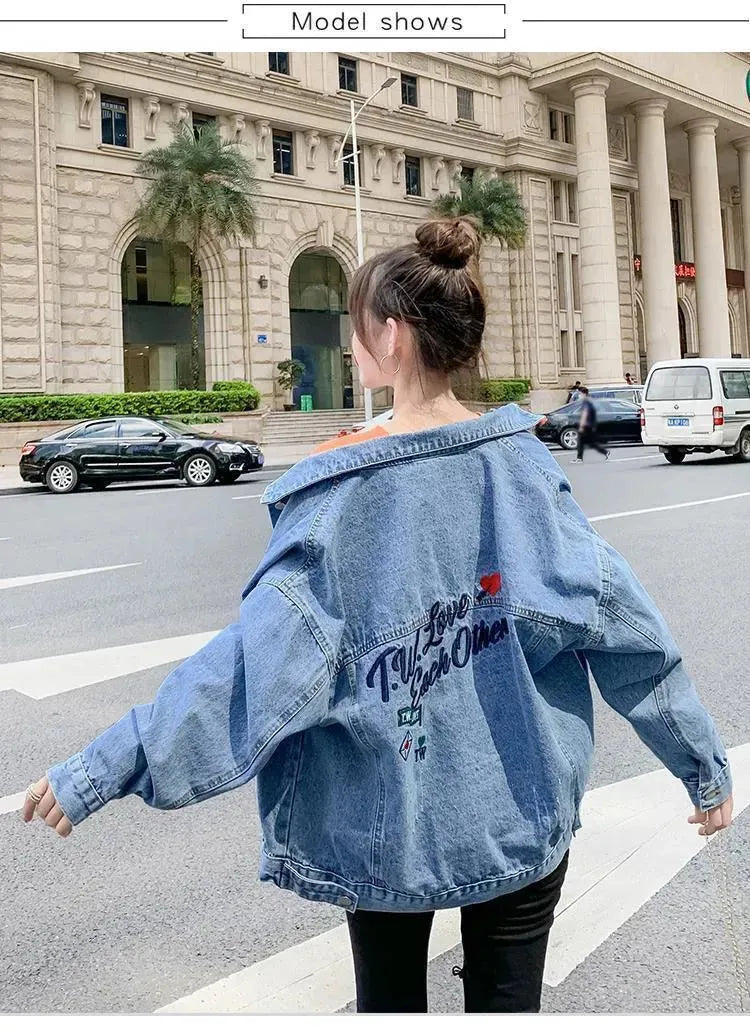 All-match Korean Style Loose Embroidered Denim Jacket Women