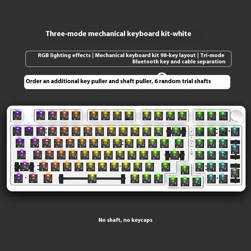 Three-mode mechanical keyboard kit with RGB lighting effects on a black background