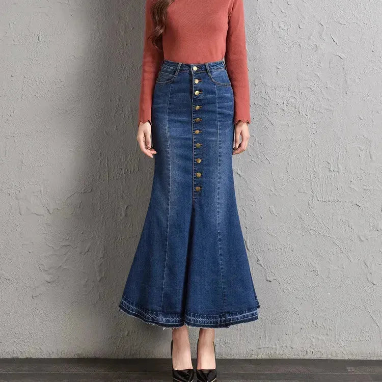 New Fashion Fitted Button up Mermaid Midi Denim Skirt - EX-STOCK CANADA