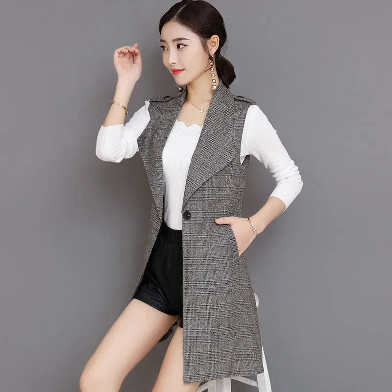 Plaid Long Blazer Vest Women Sleeveless Jacket - EX-STOCK CANADA