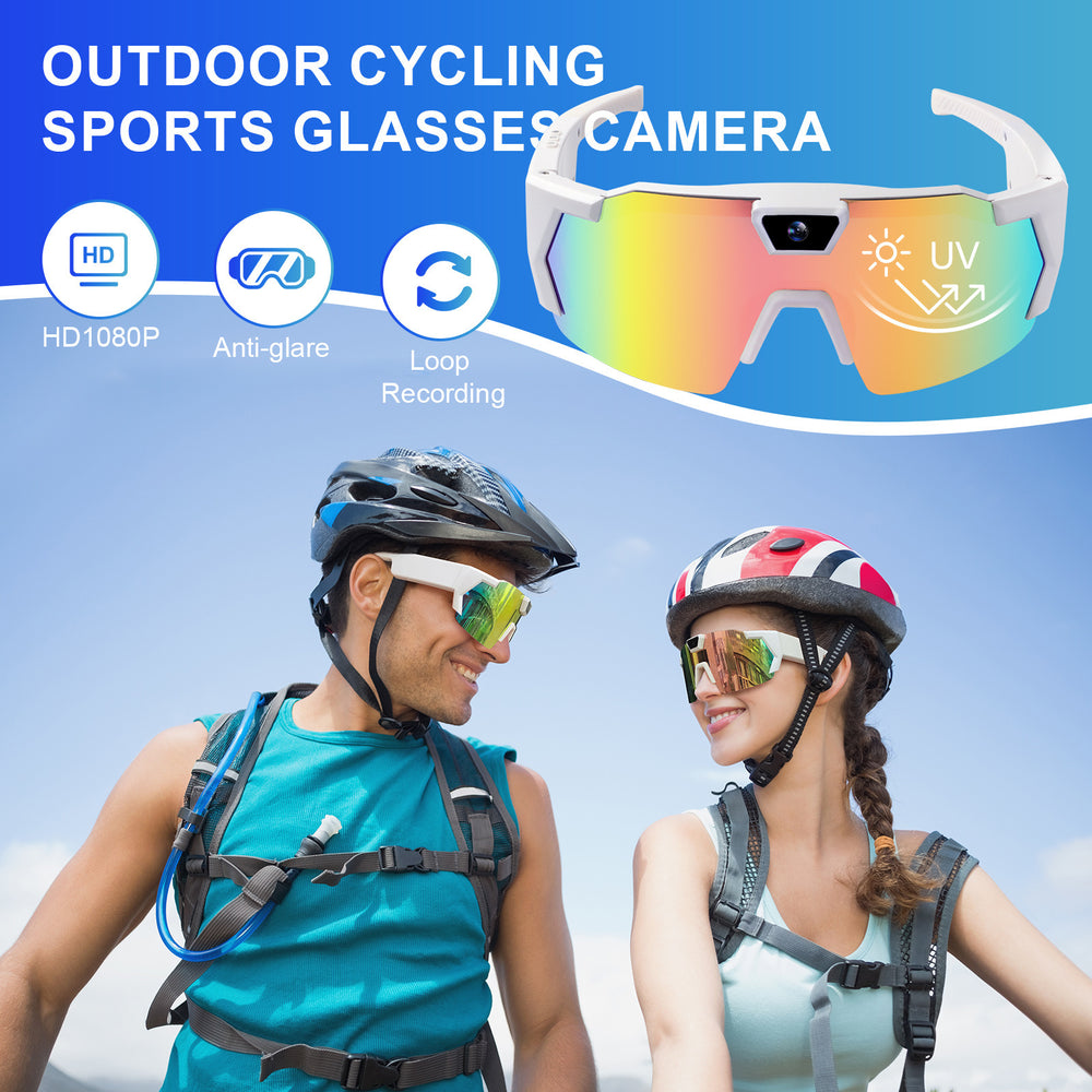 Outdoor cycling sports glasses camera with two people wearing helmets and sunglasses against a clear sky.