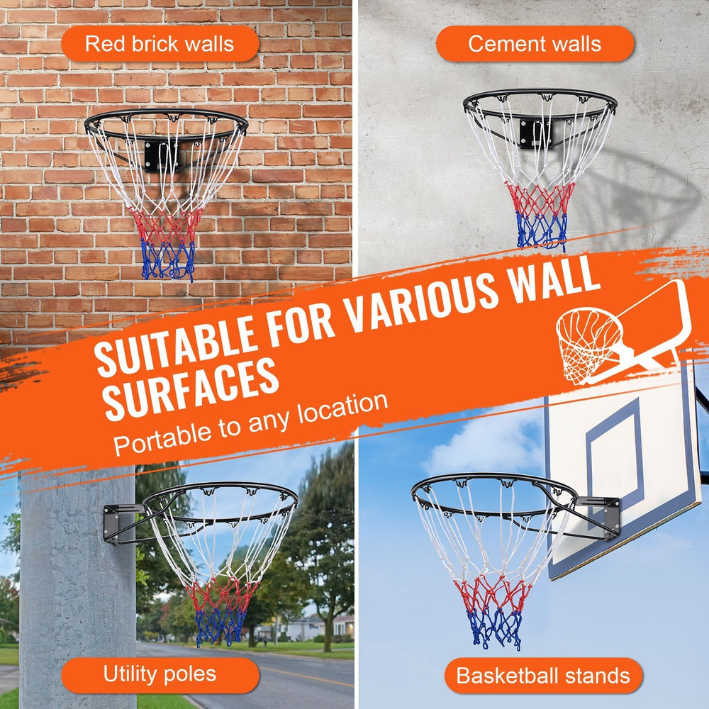 Basketball Rim, Wall Door Mounted Basketball Hoop, Heavy Duty Q235 Basketball Flex Rim Goal Replacement With Net And Double Spring, Standard 18 Indoor Outdoor Hanging Hoop For Kids Adults EX-STOCK