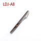 A metallic silver tie clip with diagonal gold-toned accents and a small clear rhinestone, shown on a plain white background with the text 'LDJ-A8' in red at the top left.