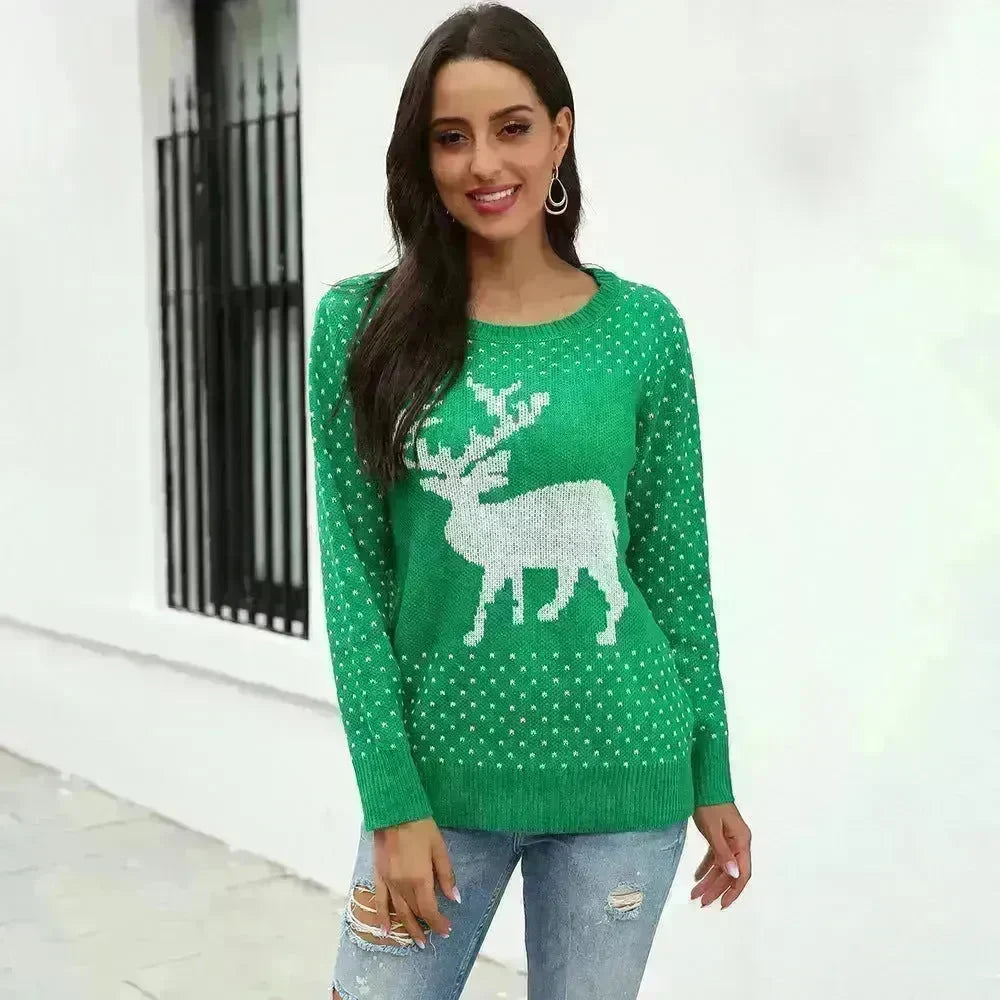 Fawn Reindeer jacquard christmas sweater Round neck women - EX-STOCK CANADA
