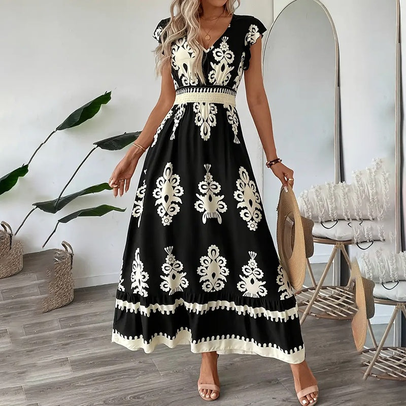 Women's Summer Flowy Maxi Dress Casual Cap Sleeve V Neck Smocked Waist Beach Sundress EX-STOCK