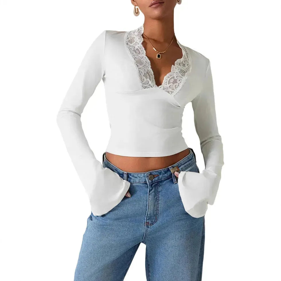 Slim V-neck Lace Ins Fashion Trumpet Sleeve Long-sleeved tank Top Women Clothing - EX-STOCK CANADA