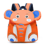 Orange elephant-shaped backpack with blue accents on a white background