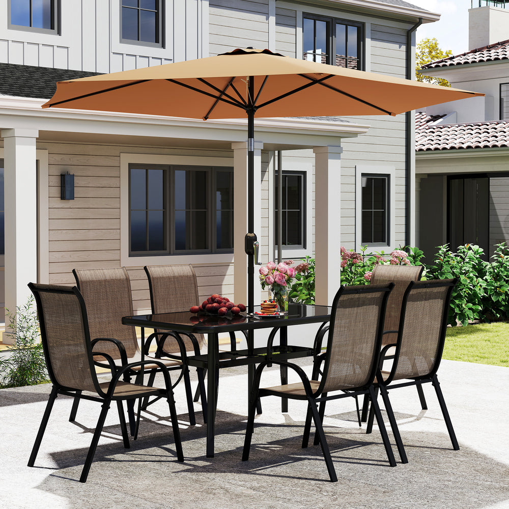 Juego de muebles de patio de 8 piezas con sombrilla de patio de 9 pies, mesa y sillas de comedor para exterior, marrón claro mezcladoEX-STOCK Canada 