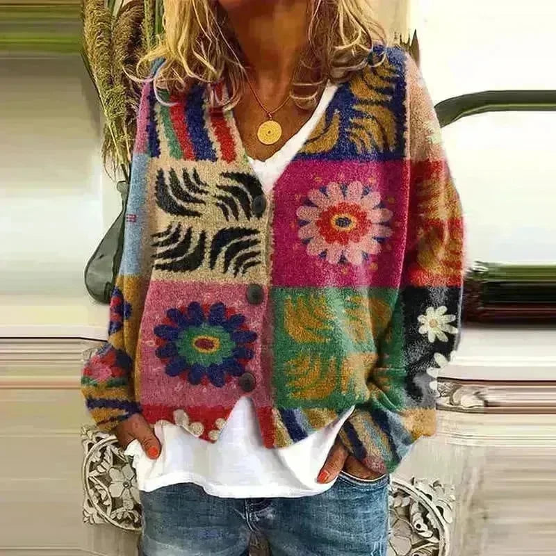 New Christmas Abstract Flowers Printing Sweater Fashion Casual Short Cardigan Coat Womens Clothing - EX-STOCK CANADA