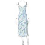 Women's Floral Spaghetti Strap Cami Dress Lace Trim Side Slit Bodycon Midi summer Dress - EX-STOCK CANADA