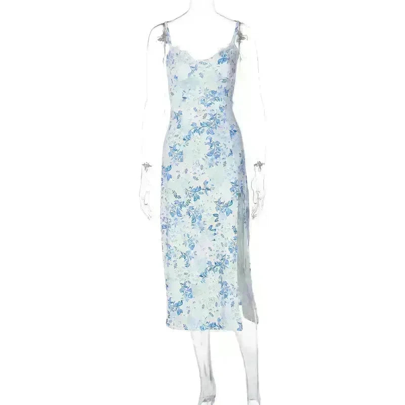 Women's Floral Spaghetti Strap Cami Dress Lace Trim Side Slit Bodycon Midi summer Dress - EX-STOCK CANADA