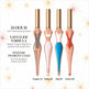 Four eyeliner pencils with gold caps on a white background, featuring product details.