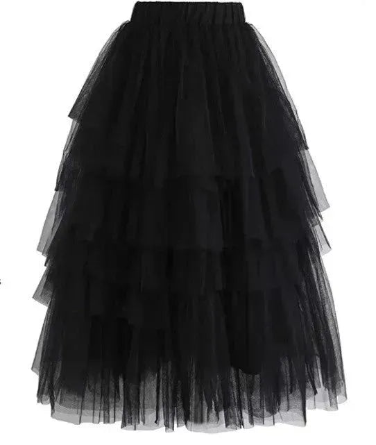 Summer Long Wave Ruffle Layered Ruched High Waist Midi tulle Skirt - EX-STOCK CANADA
