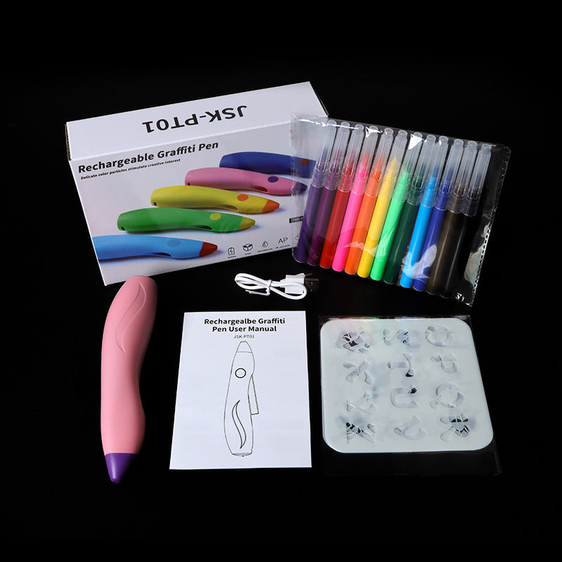 Electric Airbrush Spray Pen & Watercolour Pen Set – 12 Colours with Templates 7